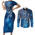 Matariki Galaxy Couples Matching Short Sleeve Bodycon Dress and Long Sleeve Button Shirt New Zealand Map Maori Pattern