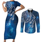 Matariki Galaxy Couples Matching Short Sleeve Bodycon Dress and Long Sleeve Button Shirt New Zealand Map Maori Pattern