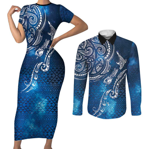 Matariki Galaxy Couples Matching Short Sleeve Bodycon Dress and Long Sleeve Button Shirt New Zealand Map Maori Pattern