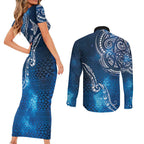 Matariki Galaxy Couples Matching Short Sleeve Bodycon Dress and Long Sleeve Button Shirt New Zealand Map Maori Pattern