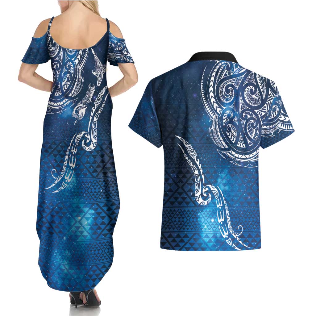 Matariki Galaxy Couples Matching Summer Maxi Dress and Hawaiian Shirt New Zealand Map Maori Pattern