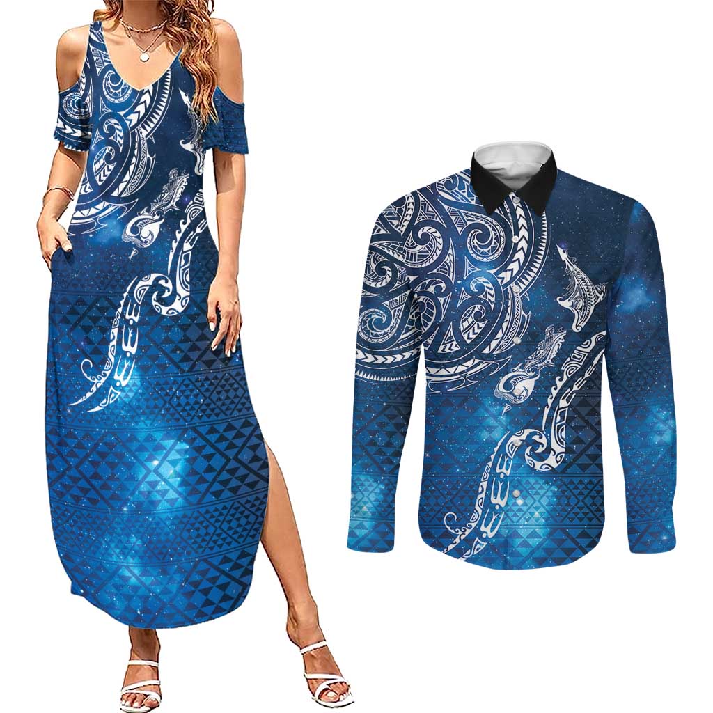 Matariki Galaxy Couples Matching Summer Maxi Dress and Long Sleeve Button Shirt New Zealand Map Maori Pattern