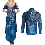 Matariki Galaxy Couples Matching Summer Maxi Dress and Long Sleeve Button Shirt New Zealand Map Maori Pattern