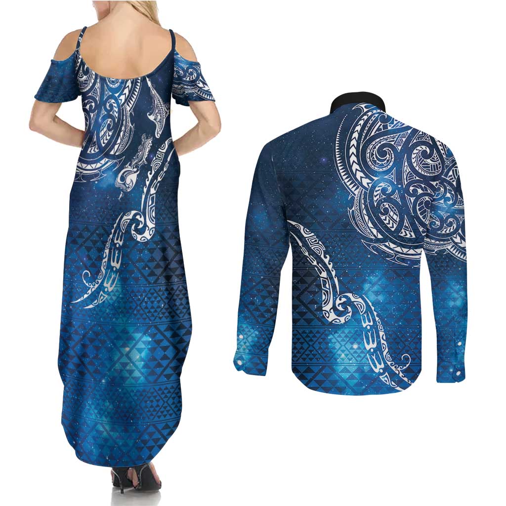 Matariki Galaxy Couples Matching Summer Maxi Dress and Long Sleeve Button Shirt New Zealand Map Maori Pattern