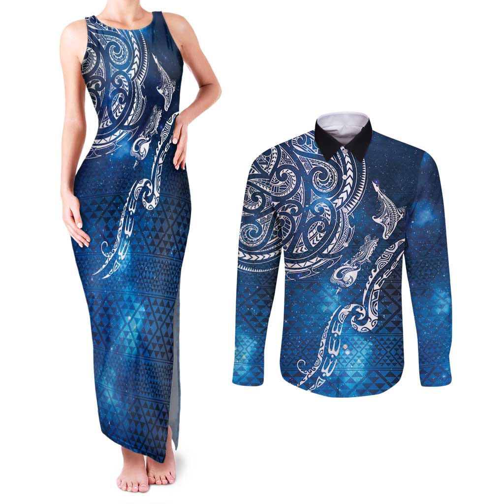 Matariki Galaxy Couples Matching Tank Maxi Dress and Long Sleeve Button Shirt New Zealand Map Maori Pattern