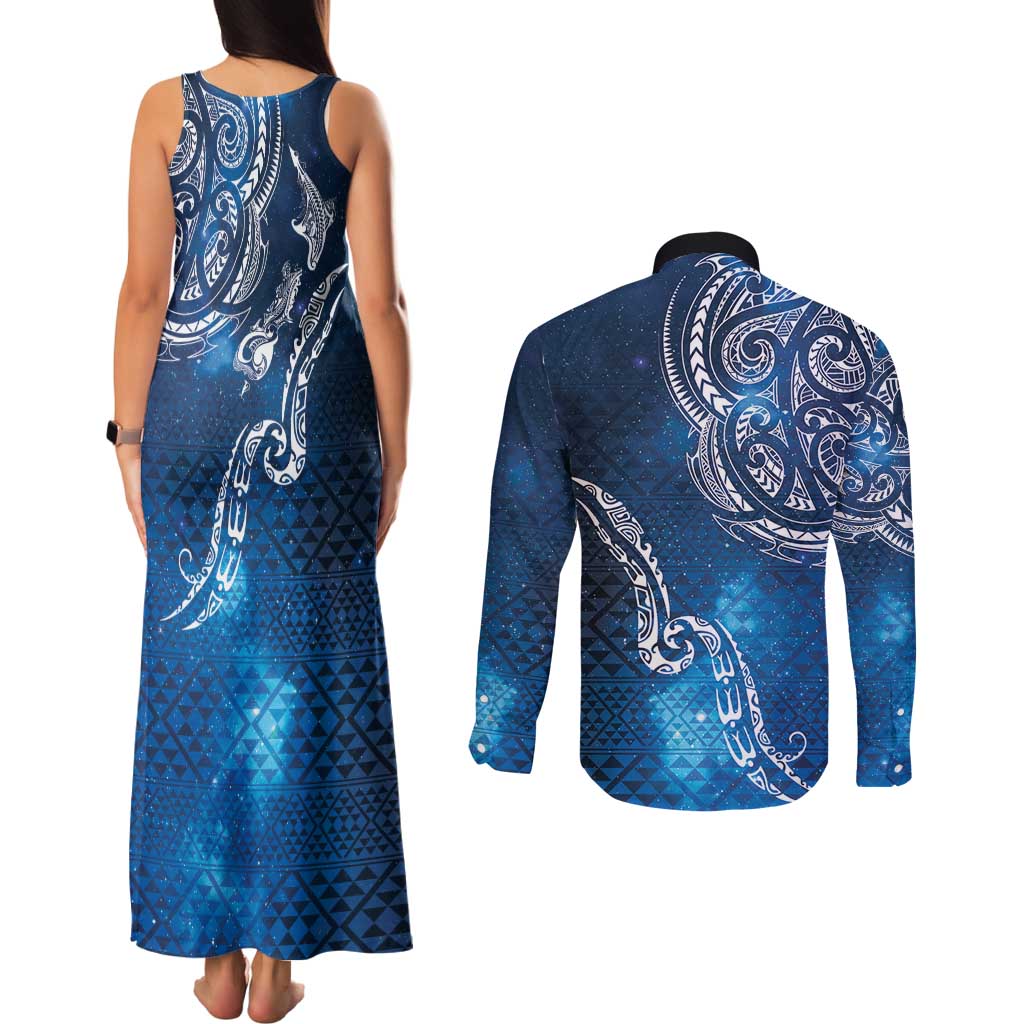 Matariki Galaxy Couples Matching Tank Maxi Dress and Long Sleeve Button Shirt New Zealand Map Maori Pattern