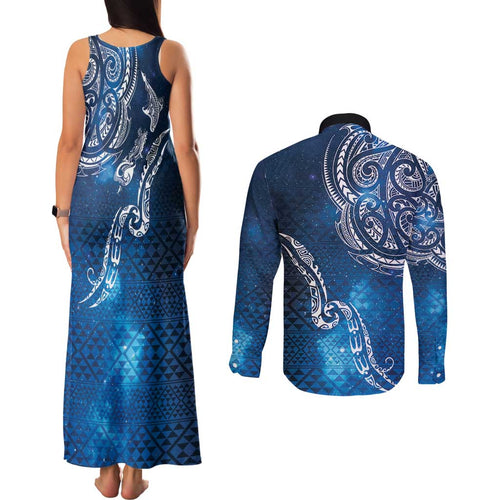Matariki Galaxy Couples Matching Tank Maxi Dress and Long Sleeve Button Shirt New Zealand Map Maori Pattern