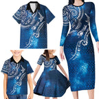 Matariki Galaxy Family Matching Long Sleeve Bodycon Dress and Hawaiian Shirt New Zealand Map Maori Pattern