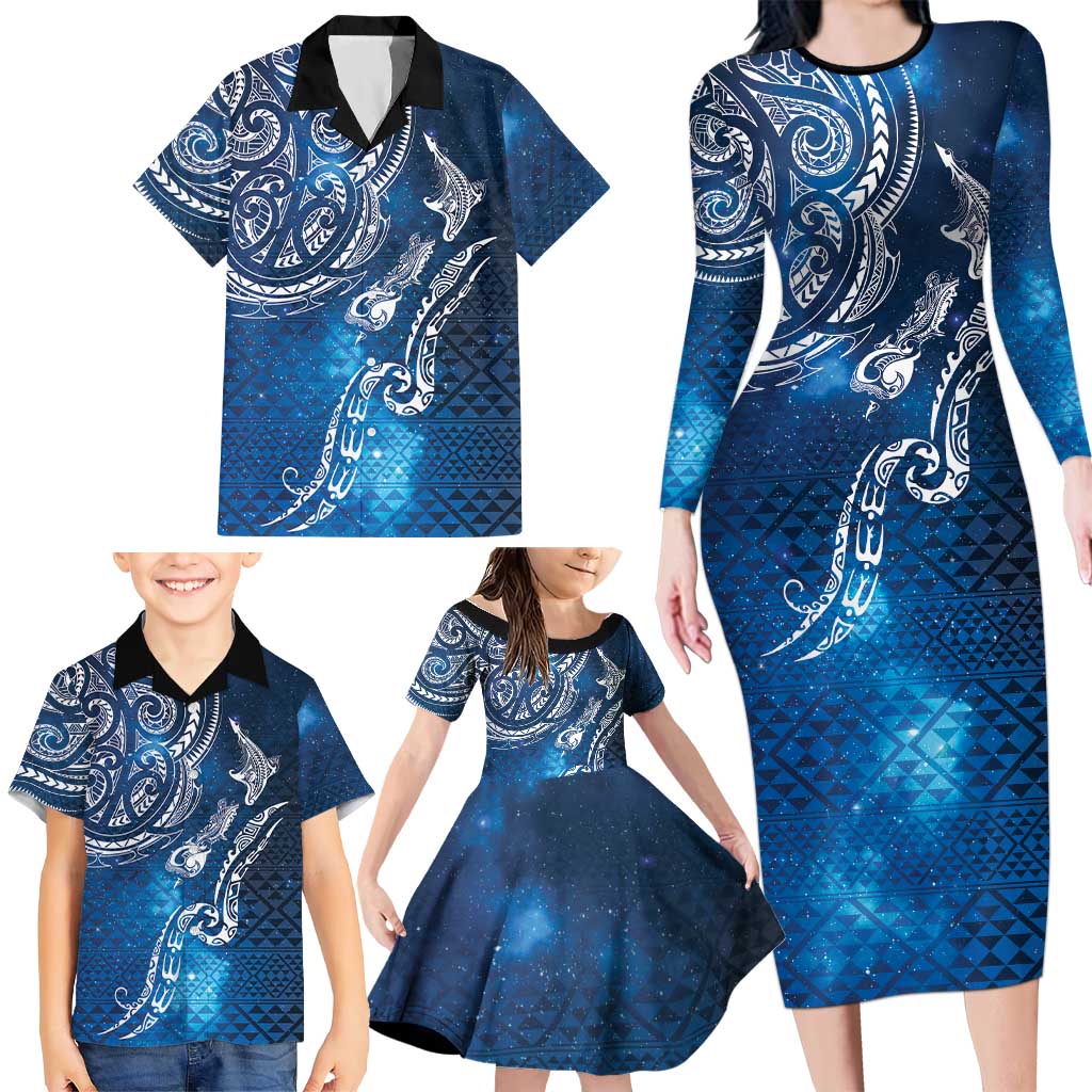 Matariki Galaxy Family Matching Long Sleeve Bodycon Dress and Hawaiian Shirt New Zealand Map Maori Pattern