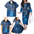 Matariki Galaxy Family Matching Off The Shoulder Long Sleeve Dress and Hawaiian Shirt New Zealand Map Maori Pattern