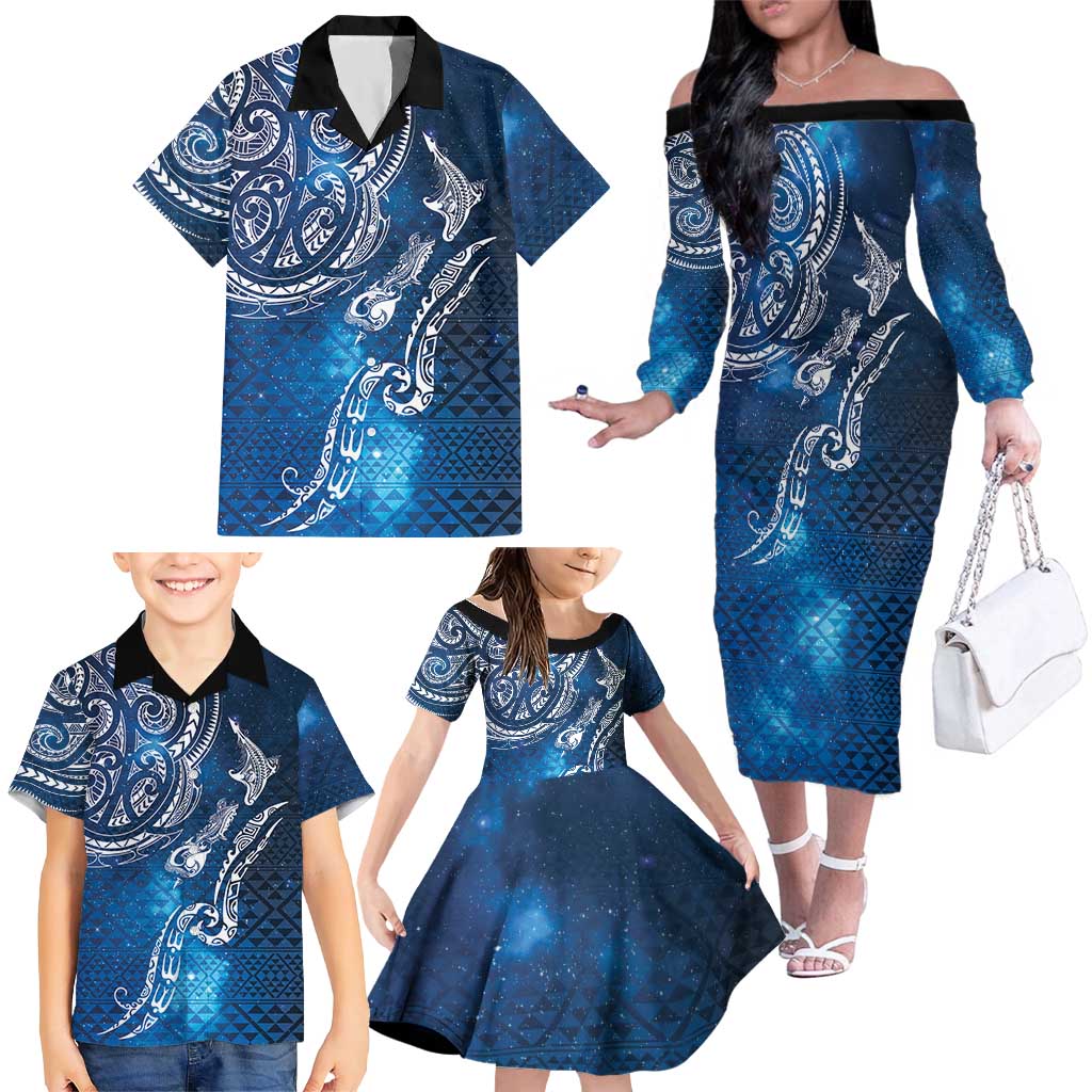 Matariki Galaxy Family Matching Off The Shoulder Long Sleeve Dress and Hawaiian Shirt New Zealand Map Maori Pattern
