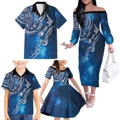 Matariki Galaxy Family Matching Off The Shoulder Long Sleeve Dress and Hawaiian Shirt New Zealand Map Maori Pattern