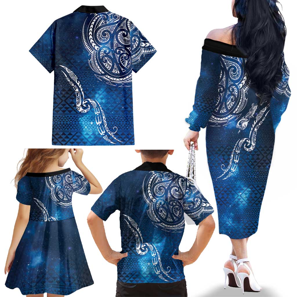 Matariki Galaxy Family Matching Off The Shoulder Long Sleeve Dress and Hawaiian Shirt New Zealand Map Maori Pattern