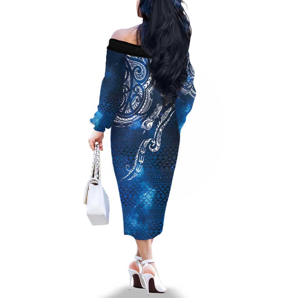 Matariki Galaxy Family Matching Off The Shoulder Long Sleeve Dress and Hawaiian Shirt New Zealand Map Maori Pattern