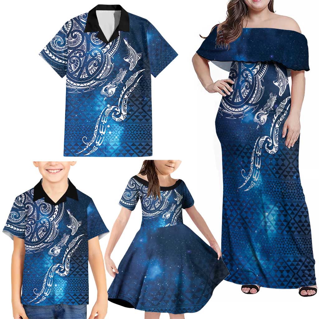 Matariki Galaxy Family Matching Off Shoulder Maxi Dress and Hawaiian Shirt New Zealand Map Maori Pattern
