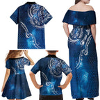Matariki Galaxy Family Matching Off Shoulder Maxi Dress and Hawaiian Shirt New Zealand Map Maori Pattern