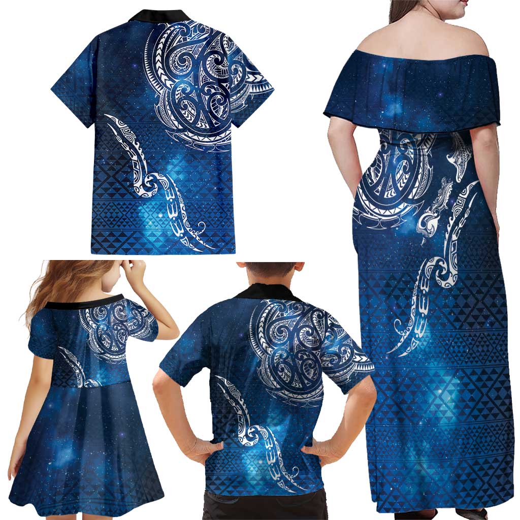Matariki Galaxy Family Matching Off Shoulder Maxi Dress and Hawaiian Shirt New Zealand Map Maori Pattern