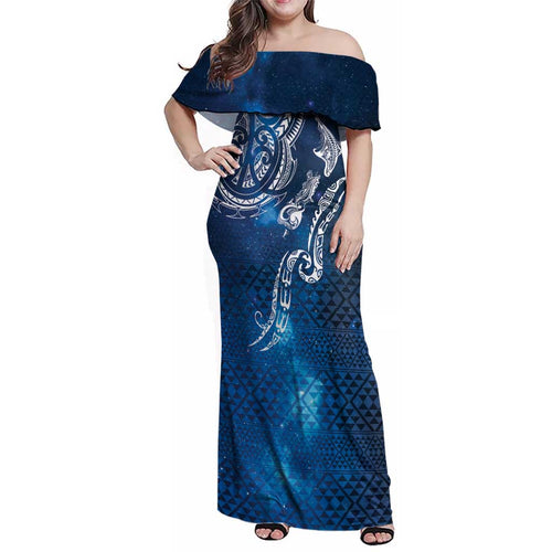 Matariki Galaxy Family Matching Off Shoulder Maxi Dress and Hawaiian Shirt New Zealand Map Maori Pattern