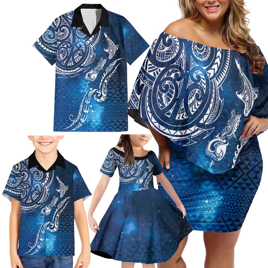 Matariki Galaxy Family Matching Off Shoulder Short Dress and Hawaiian Shirt New Zealand Map Maori Pattern