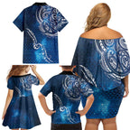 Matariki Galaxy Family Matching Off Shoulder Short Dress and Hawaiian Shirt New Zealand Map Maori Pattern
