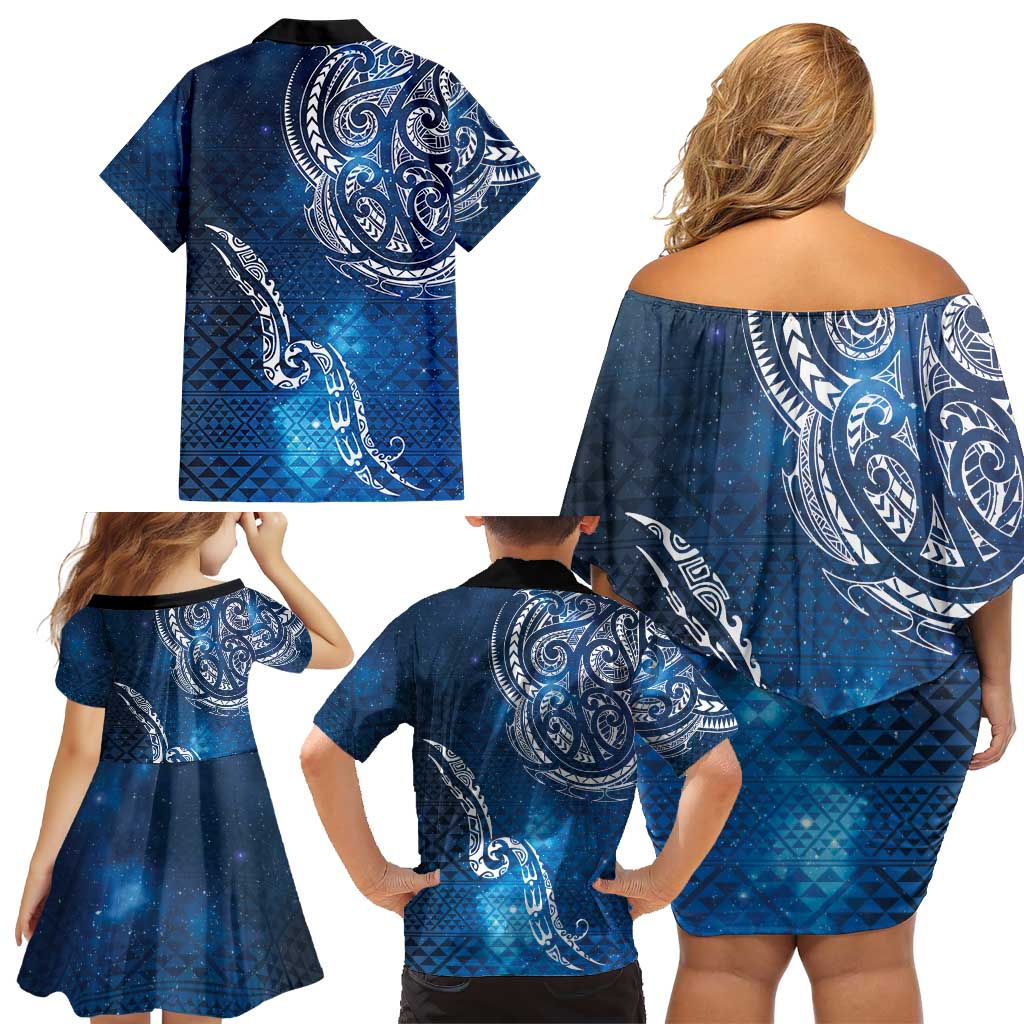 Matariki Galaxy Family Matching Off Shoulder Short Dress and Hawaiian Shirt New Zealand Map Maori Pattern