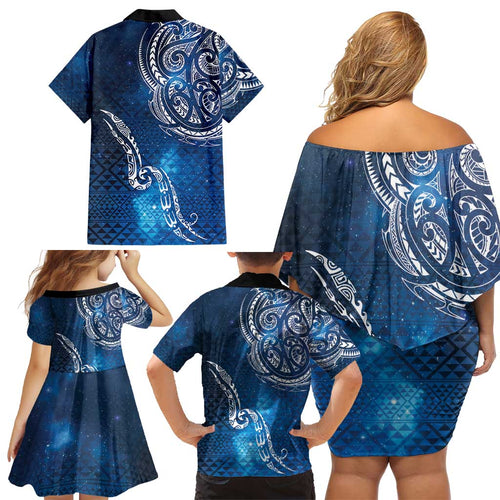 Matariki Galaxy Family Matching Off Shoulder Short Dress and Hawaiian Shirt New Zealand Map Maori Pattern