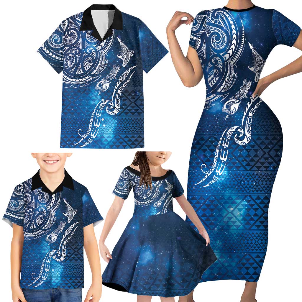 Matariki Galaxy Family Matching Short Sleeve Bodycon Dress and Hawaiian Shirt New Zealand Map Maori Pattern