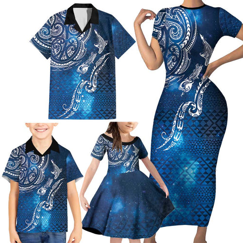 Matariki Galaxy Family Matching Short Sleeve Bodycon Dress and Hawaiian Shirt New Zealand Map Maori Pattern