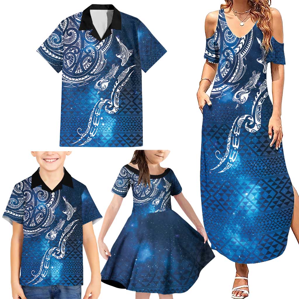 Matariki Galaxy Family Matching Summer Maxi Dress and Hawaiian Shirt New Zealand Map Maori Pattern