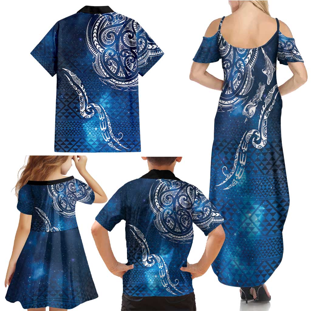 Matariki Galaxy Family Matching Summer Maxi Dress and Hawaiian Shirt New Zealand Map Maori Pattern