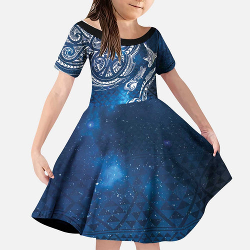 Matariki Galaxy Kid Short Sleeve Dress New Zealand Map Maori Pattern