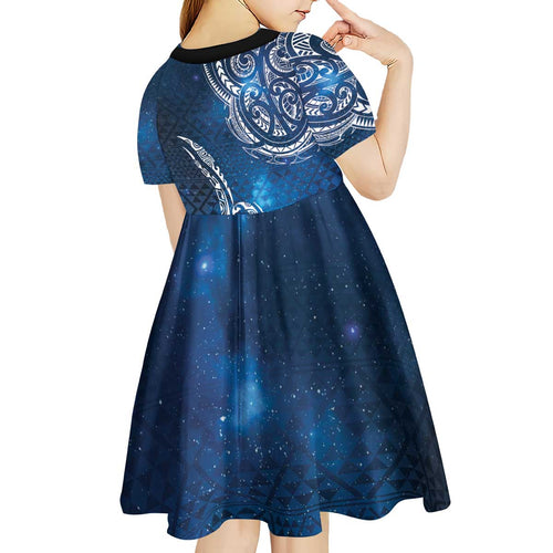 Matariki Galaxy Kid Short Sleeve Dress New Zealand Map Maori Pattern