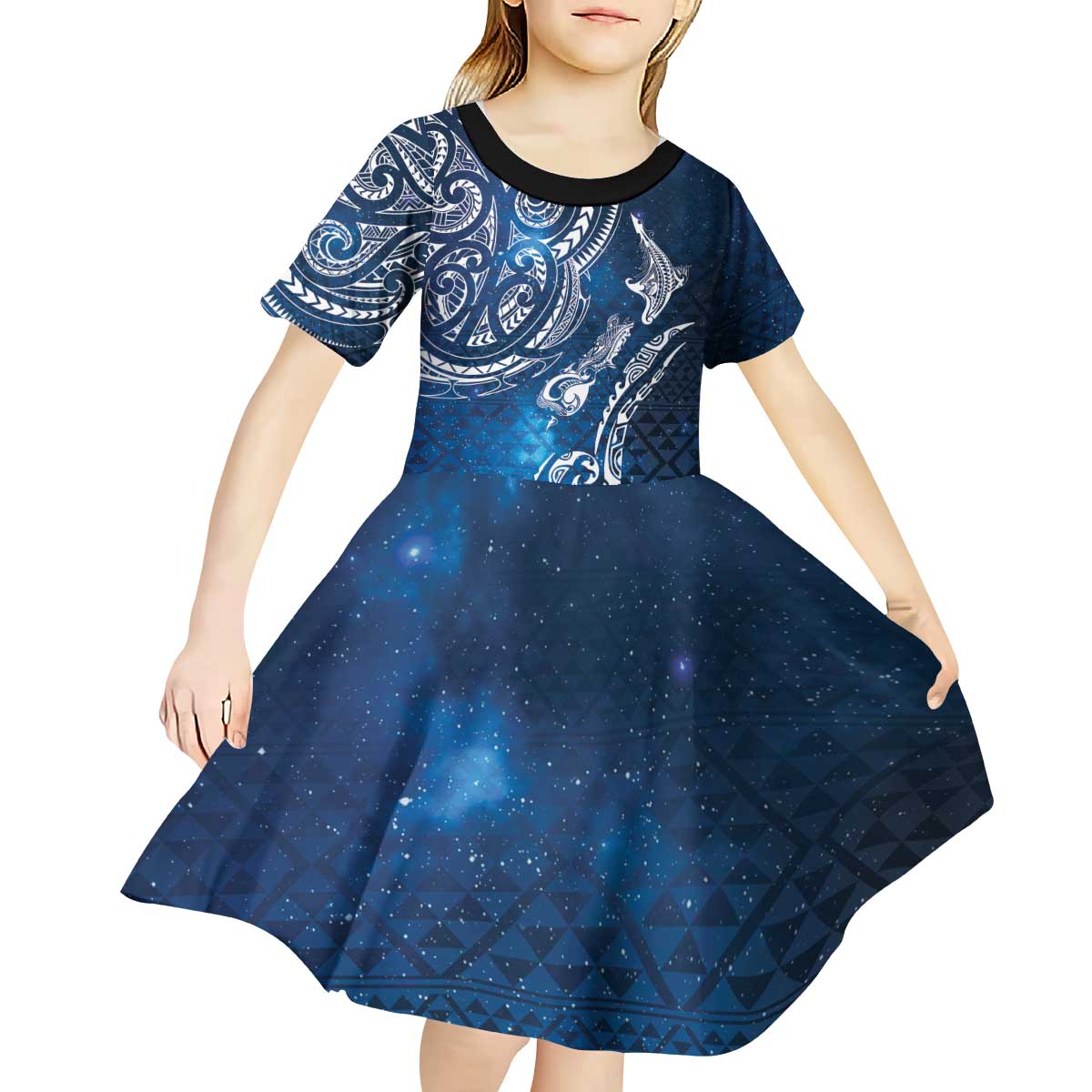 Matariki Galaxy Kid Short Sleeve Dress New Zealand Map Maori Pattern