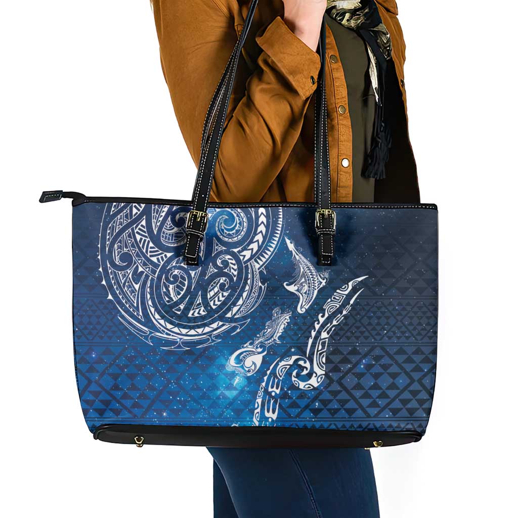 Matariki Galaxy Leather Tote Bag New Zealand Map Maori Pattern