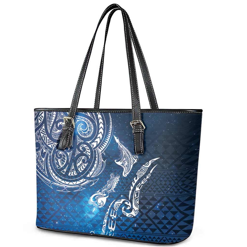 Matariki Galaxy Leather Tote Bag New Zealand Map Maori Pattern