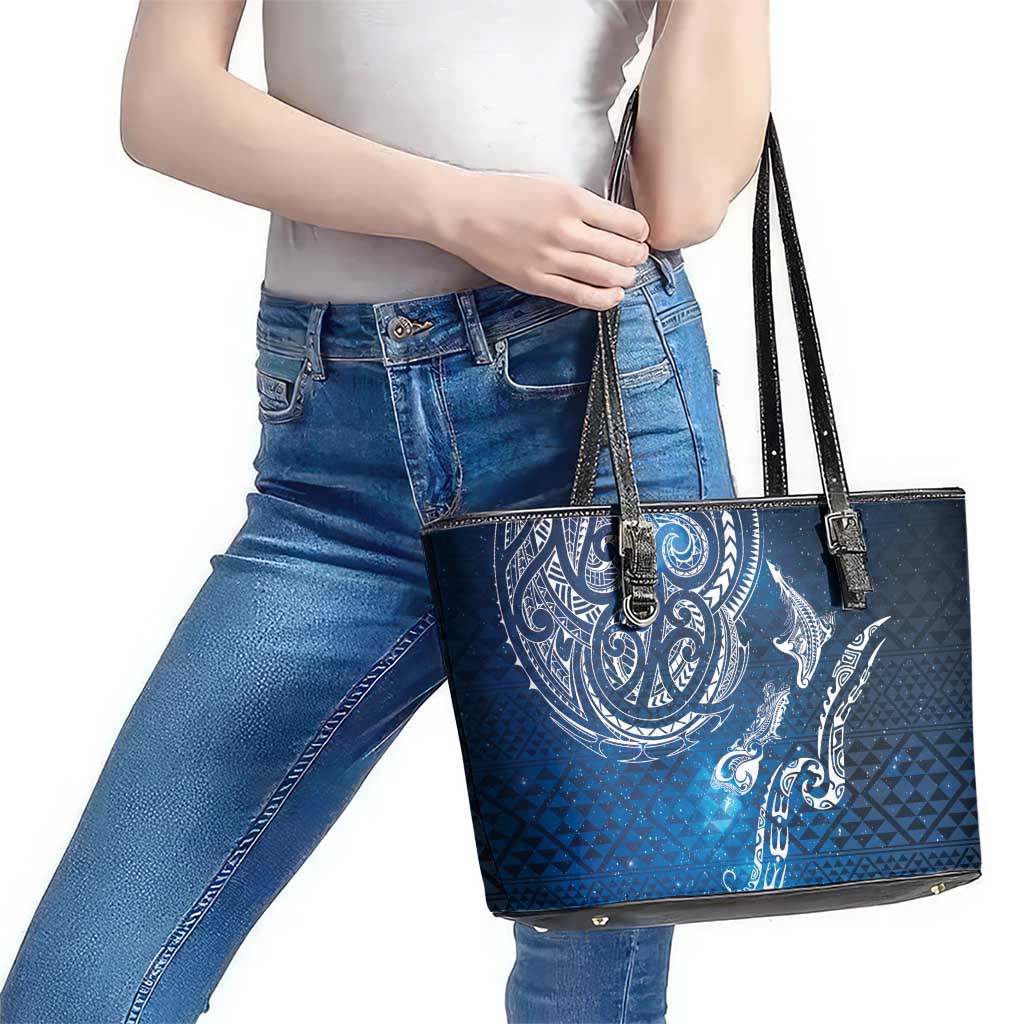 Matariki Galaxy Leather Tote Bag New Zealand Map Maori Pattern