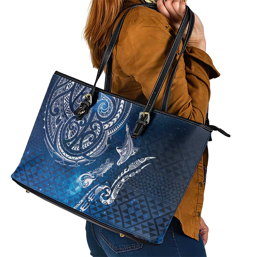 Matariki Galaxy Leather Tote Bag New Zealand Map Maori Pattern