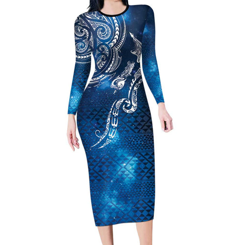 Matariki Galaxy Long Sleeve Bodycon Dress New Zealand Map Maori Pattern