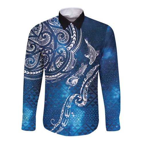 Matariki Galaxy Long Sleeve Button Shirt New Zealand Map Maori Pattern