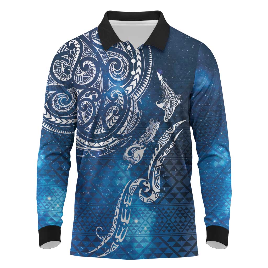 Matariki Galaxy Long Sleeve Polo Shirt New Zealand Map Maori Pattern