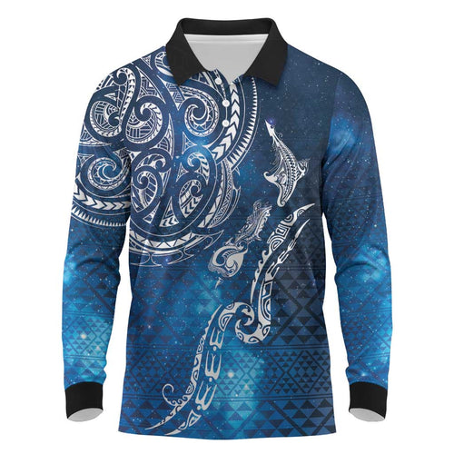 Matariki Galaxy Long Sleeve Polo Shirt New Zealand Map Maori Pattern