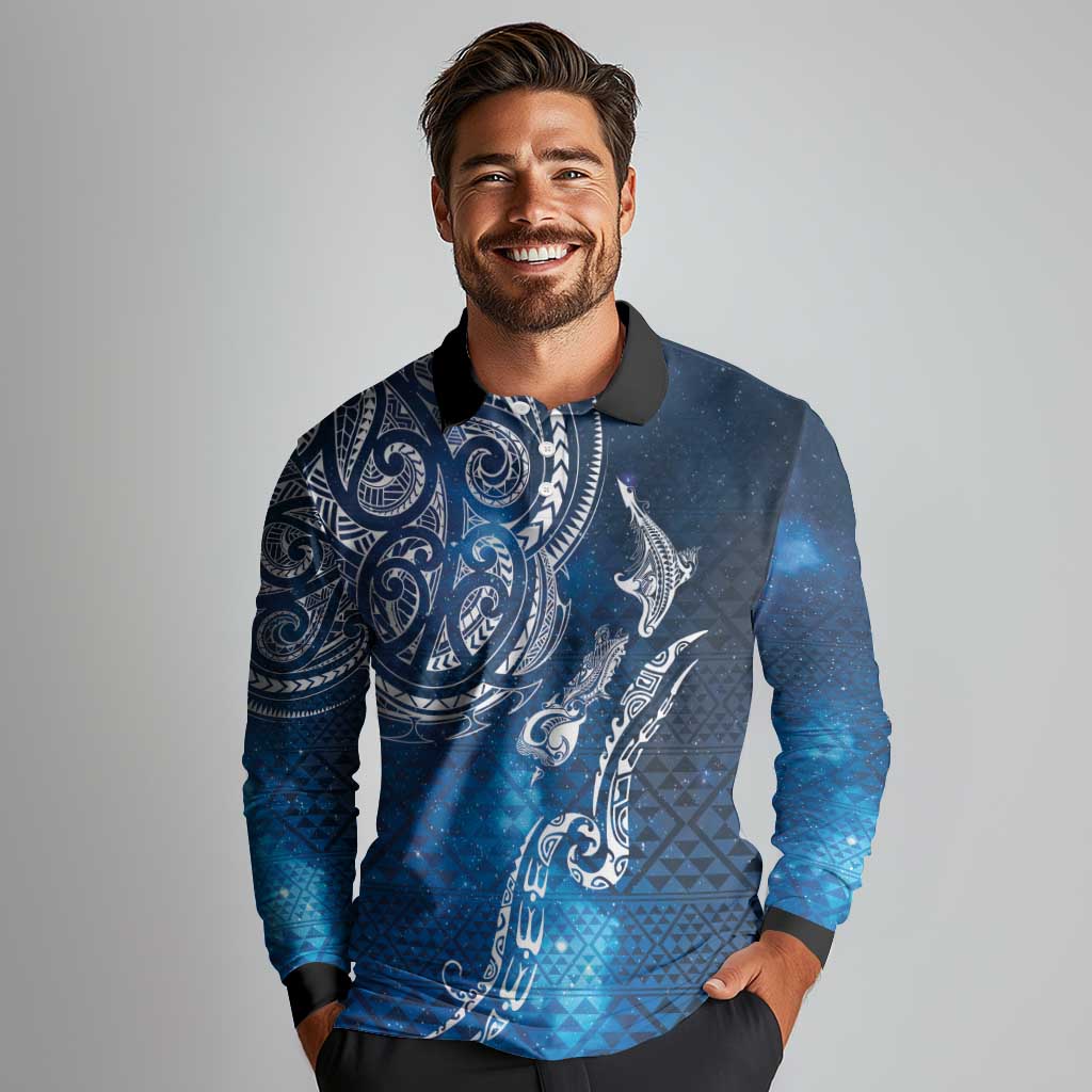 Matariki Galaxy Long Sleeve Polo Shirt New Zealand Map Maori Pattern