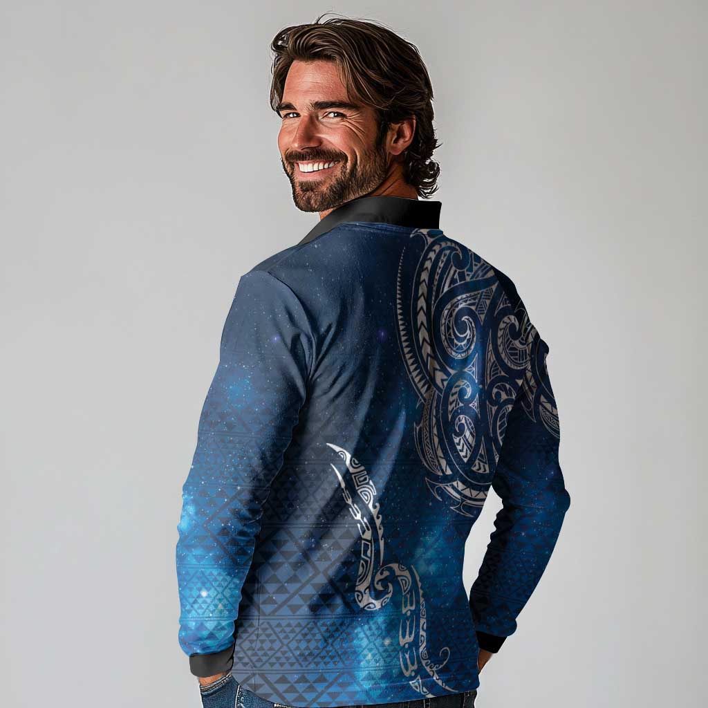 Matariki Galaxy Long Sleeve Polo Shirt New Zealand Map Maori Pattern