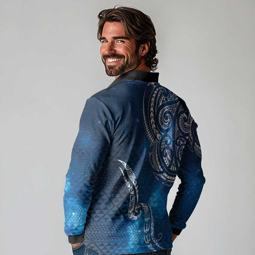 Matariki Galaxy Long Sleeve Polo Shirt New Zealand Map Maori Pattern