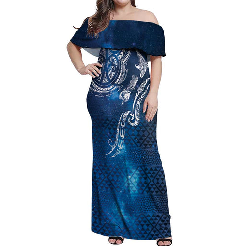 Matariki Galaxy Off Shoulder Maxi Dress New Zealand Map Maori Pattern