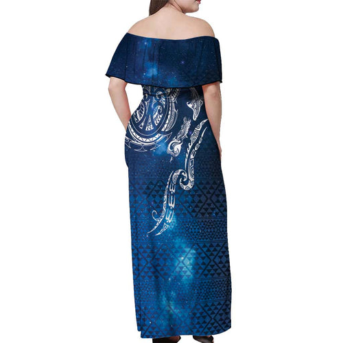 Matariki Galaxy Off Shoulder Maxi Dress New Zealand Map Maori Pattern