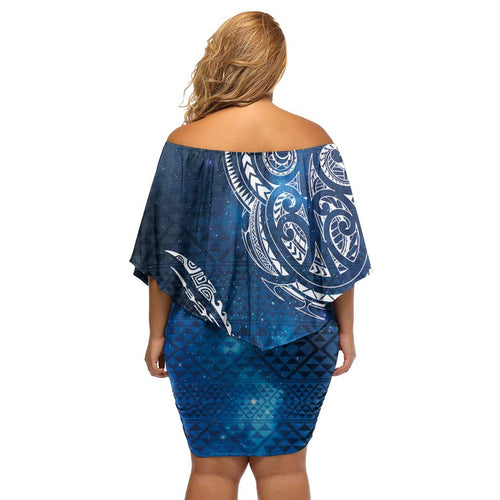 Matariki Galaxy Off Shoulder Short Dress New Zealand Map Maori Pattern