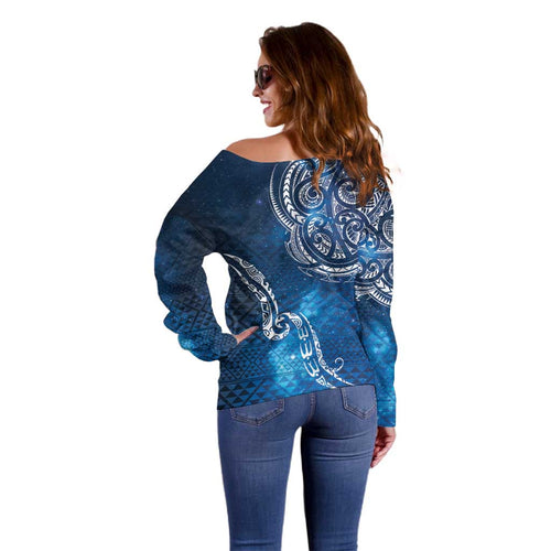 Matariki Galaxy Off Shoulder Sweater New Zealand Map Maori Pattern