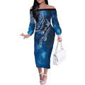 Matariki Galaxy Off The Shoulder Long Sleeve Dress New Zealand Map Maori Pattern