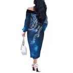 Matariki Galaxy Off The Shoulder Long Sleeve Dress New Zealand Map Maori Pattern